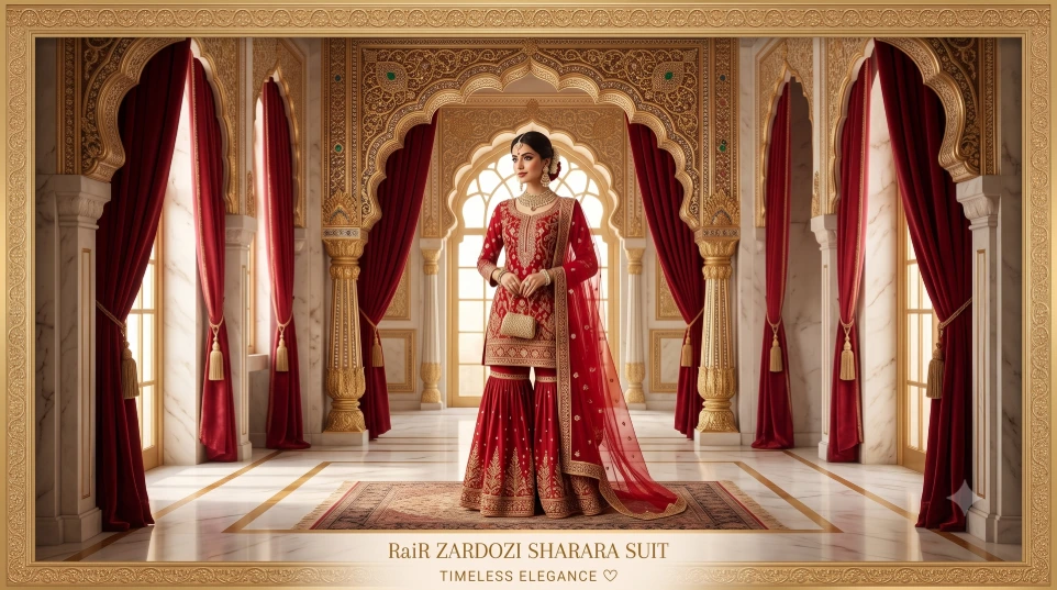 Red Silk Zardosi Hand Embroidered Sharara Suit Festive Wear