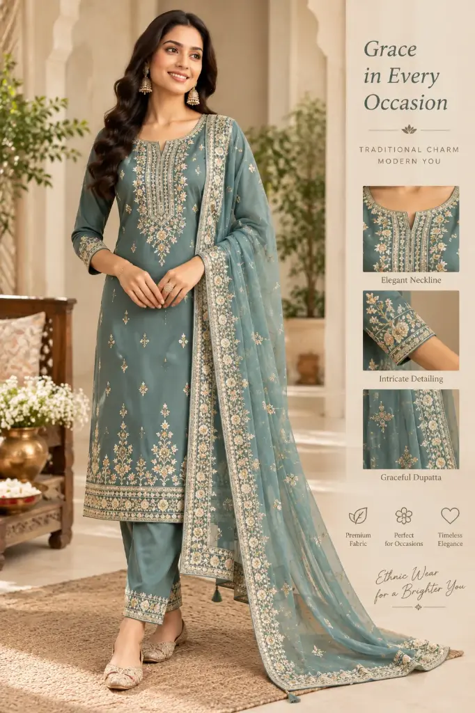 Teal Embroidered Salwar Suit (M)